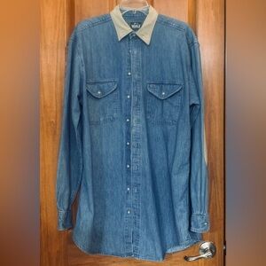 Vintage Woolrich Denim Men's Shirt with elbow patches  USA made Large Long/Tall